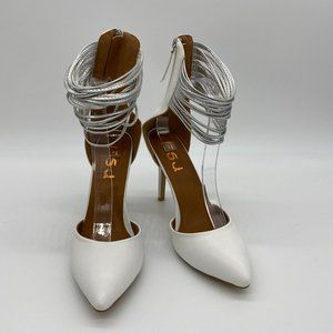 FSJ White Pointy Toe Ankle Strap Stilettos Heels